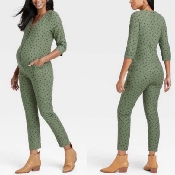 The Nines by HATCH Pants - NWOT HATCH Olive 3/4 Sleeve Button-Front Maternity Jumpsuit Romper XS Flannel